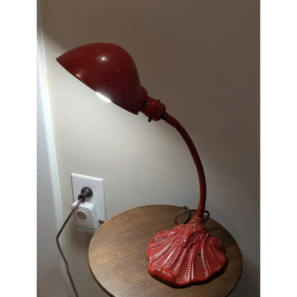 Vintage Art Deco Gooseneck Desk Lamp Cast Iron Shell Base Industrial Red 1920-30